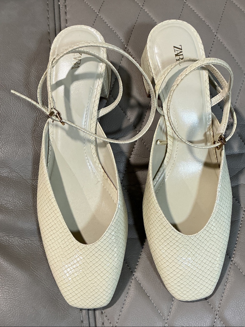Zara Cream Textured Square-Toe Ankle Strap Mules